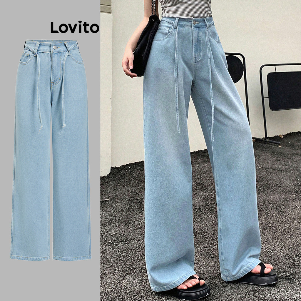 Lovito กางเกงยีนส์ผู้หญิง มีกระดุม ผ้าฟอก สีพื้น สไตล์ลำลอง L89ED243
