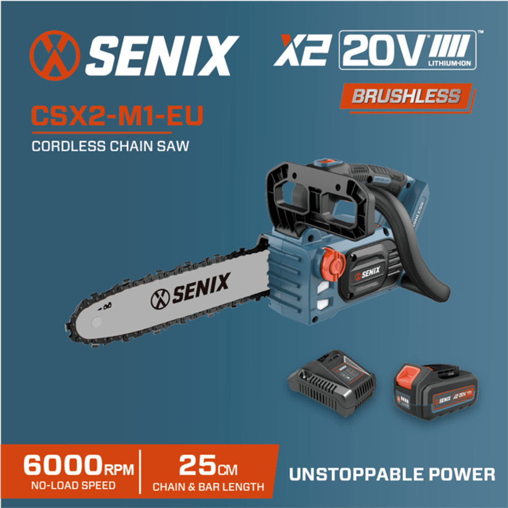 AJuShop SENIX เลื่อยโซ่ไร้สายกำลัง20V รุ่นCSX2-M1 ขนาดใบตัด10นิ้ว สีน้ำเงินดำ **ถูกมาก