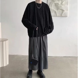 Distressed Textured Long Tee เสื้อยาวแขนยาวผู้ชายผ้าลายรอยฉีกทรงโอเวอร์ไซซ์ ผ้านุ่มระบายอากาศ มี3สี ดำ/เทา/น้ำเงิน Size M-3XL