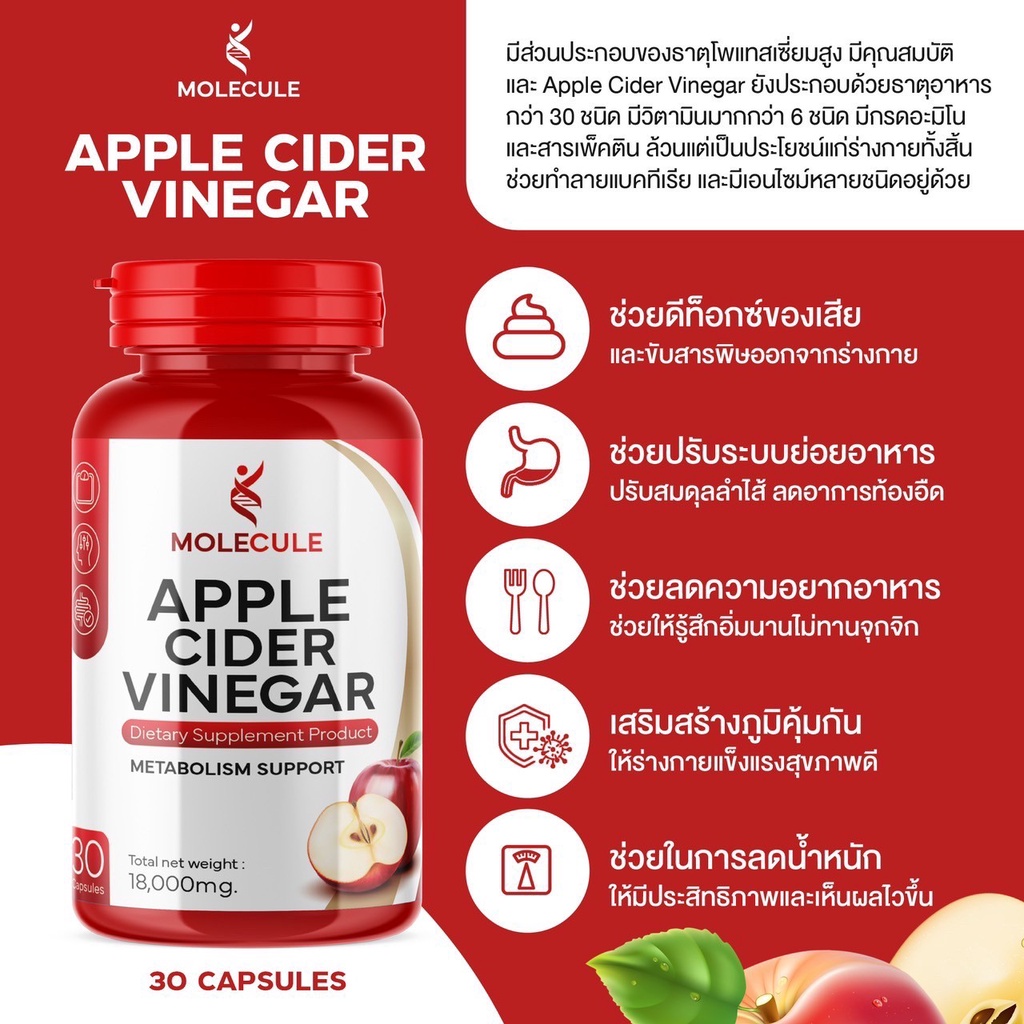 🍎แอปเปิ้ลไซเดอร์ วีเนก้าร์แบบเม็ดทานง่าย Apple Cider Vinegar Molecule  ช่วยในการลดน้ำหนัก ลดอัตราเสี่ยงการเป็นเบาหวาน
