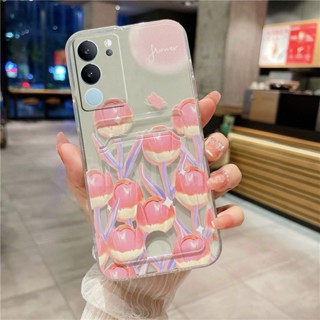 ใหม่ เคสโทรศัพท์มือถือ ซิลิโคนนิ่ม TPU กันกระแทก ลายดอกทิวลิป ผีเสื้อ พร้อมช่องใส่บัตร สําหรับ VIVO V29 5G 2023 VivoV29