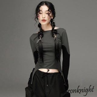 Ironknight- เสื้อยืดแขนยาว เปิดหลัง สีตัดกัน แฟชั่นฤดูร้อน สําหรับผู้หญิง