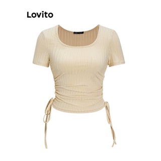 Lovito เสื้อยืด แบบผูกเชือก สง่างาม สําหรับผู้หญิง L62ED037 (สีกากีอ่อน)