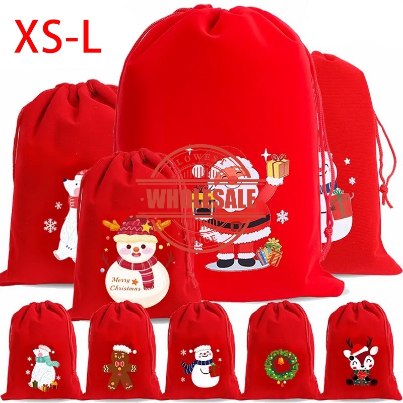 [ราคาขายส่ง] ถุงเก็บขนม กํามะหยี่ สีแดง สไตล์สุ่ม / ถุงบรรจุภัณฑ์ ลายซานตาคลอส กวาง สโนว์แมน / ถุงขนมขบเคี้ยว ของขวัญคริสต์มาส
