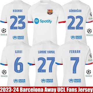 Qy 2023-2024 เสื้อยืด แขนสั้น พิมพ์ลาย Barcelona Away Gavi Kounde Gundogan Yamal Ferran พลัสไซซ์