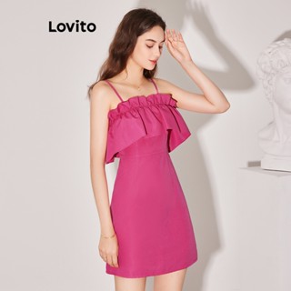 Lovito ชุดเดรส แบบยืดหยุ่น ซิปด้านหลัง สีพื้น แต่งระบาย สไตล์เพร็พพี่ สำหรับผู้หญิง L59ED145 (สีชมพู)