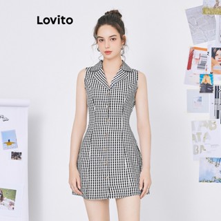 Lovito ชุดเดรสลำลอง คอปก ผ้าฝ้าย ลายสก๊อต แต่งกระดุมด้านหน้า สำหรับผู้หญิง L59ED120 สีดำ และสีขาว)