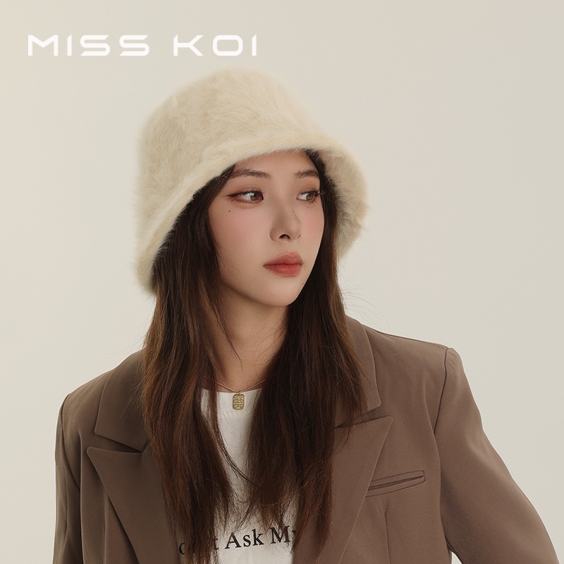 Misskoi [พร้อมส่ง] หมวกบักเก็ต ผ้าถัก ให้ความอบอุ่น สีขาว เข้ากับทุกการแต่งกาย แฟชั่นฤดูใบไม้ร่วง ฤดูหนาว สไตล์เกาหลี สําหรับผู้หญิง