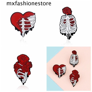 Mxfashione โรแมนติก สีแดง กุหลาบ เคลือบ เข็มกลัด โลหะผสม สร้างสรรค์ โครงกระดูก หัวใจ ปกเสื้อ เข็มเด็ก