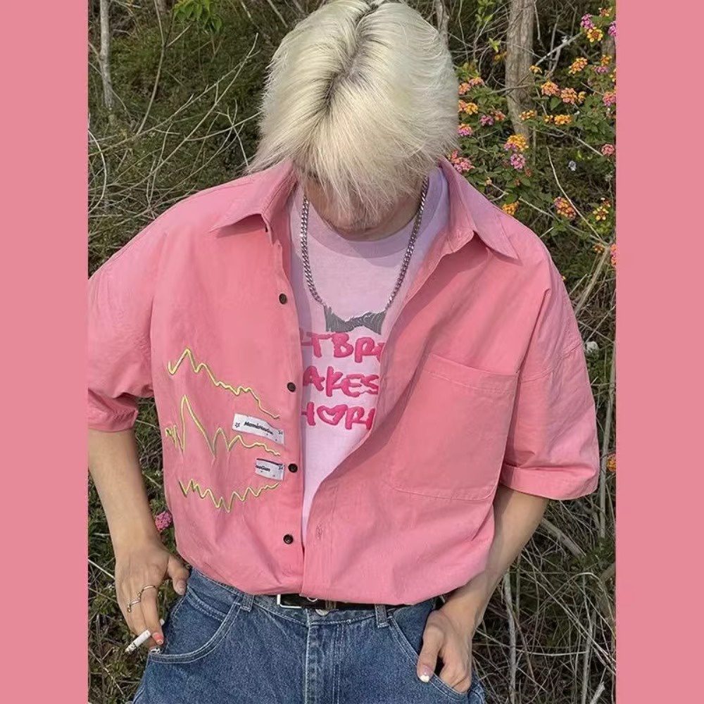 เสื้อเชิ้ตแขนสั้น ทรงหลวม ลายแคลิฟอร์เนีย แนวสตรีท ระดับไฮเอนด์ สีชมพู แฟชั่นฤดูร้อน สไตล์อเมริกัน เรโทร สําหรับผู้ชาย