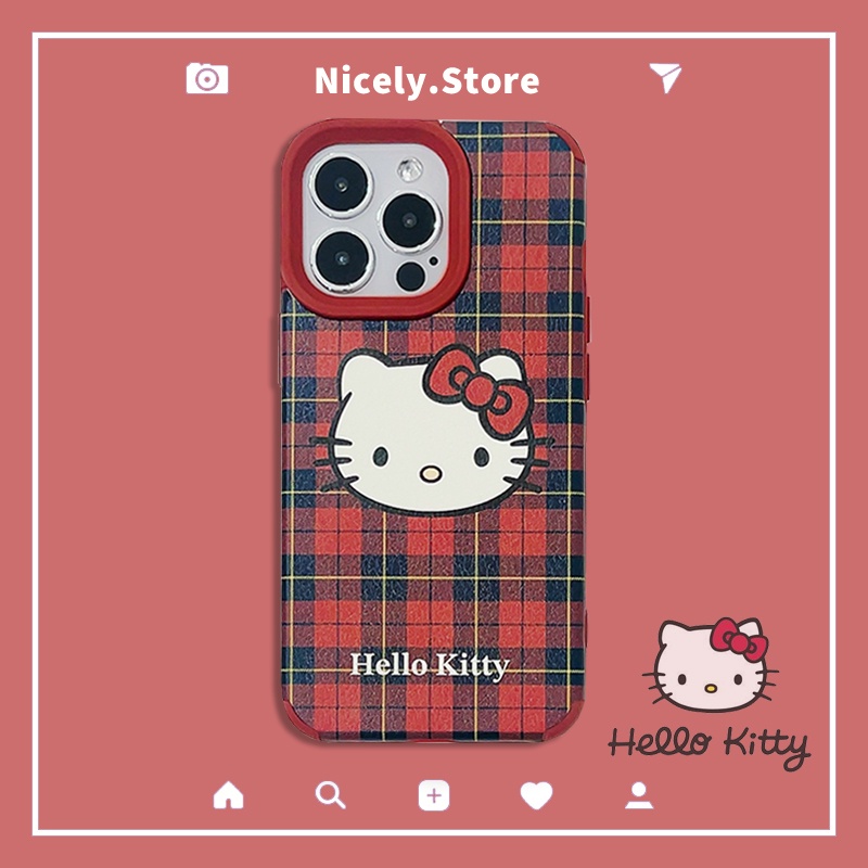 เคสโทรศัพท์มือถือ TPU กันกระแทก ปิดด้านหลัง ลายการ์ตูน Hello Kitty ตารางหมากรุก สําหรับ iPhone 15 14 13 12 Pro Max 11