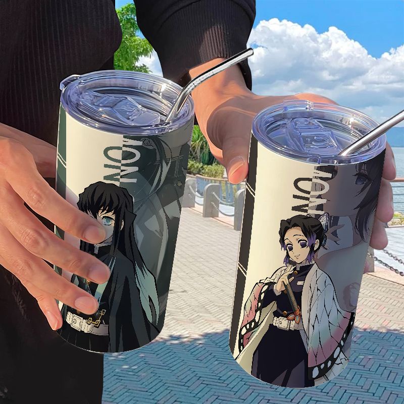 Demon Slayer กระติกน ้ ําร ้ อนพร ้ อมฟางถ ้ วยลําลองถ ้ วยกาแฟสแตนเลสแบบพกพา Gelas minum Termos Dengan ฟาง Tsuyuri Kanawo
