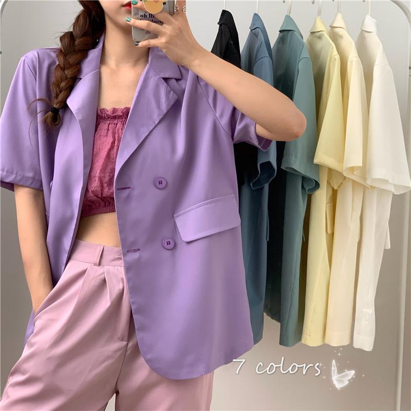 mimi&didiชุดสูทผู้หญิง เสื้อสูท แขนสั้น คอวี แฟชั่น สีแคนดี้เวอร์ชั่นเกาหลี หลวมบางหลากสีสันอเนกประสงค์#W266