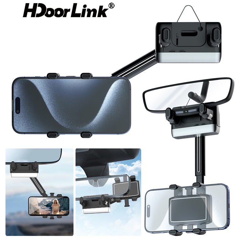 Hdoorlink ที่วางโทรศัพท์กระจกมองหลังรถยนต์ พับเก็บได้ 360° ที่วางโทรศัพท์ในรถยนต์ แบบหมุนได้ ขาตั้งสมาร์ทโฟน GPS สากล สําหรับ Ios Android