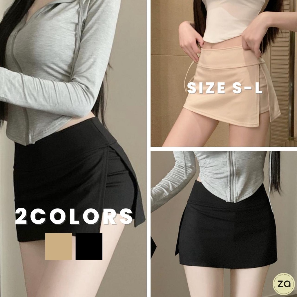 HOT SALE กระโปรงสั้นชายบาน แต่งผ่าโชว์กางเกงซับด้านใน 2 สี
