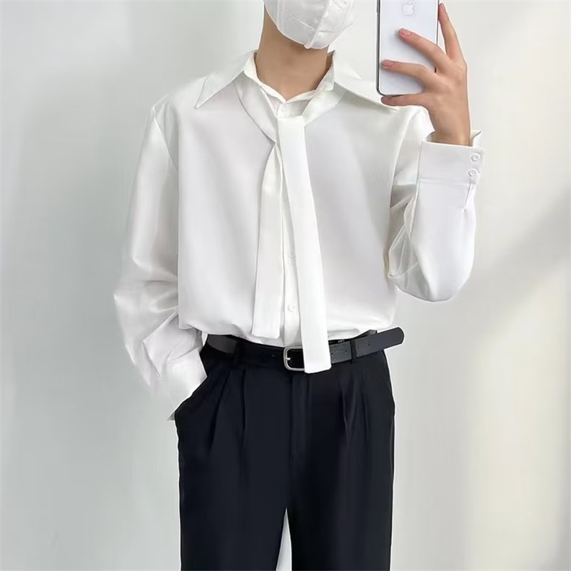 ใหม่ เสื้อเชิ้ตแขนยาว ผูกไหล่ คอปก ทรงหลวม สไตล์เกาหลี เรียบง่าย สีขาว แฟชั่นฤดูใบไม้ร่วง สําหรับผู้ชาย 2023