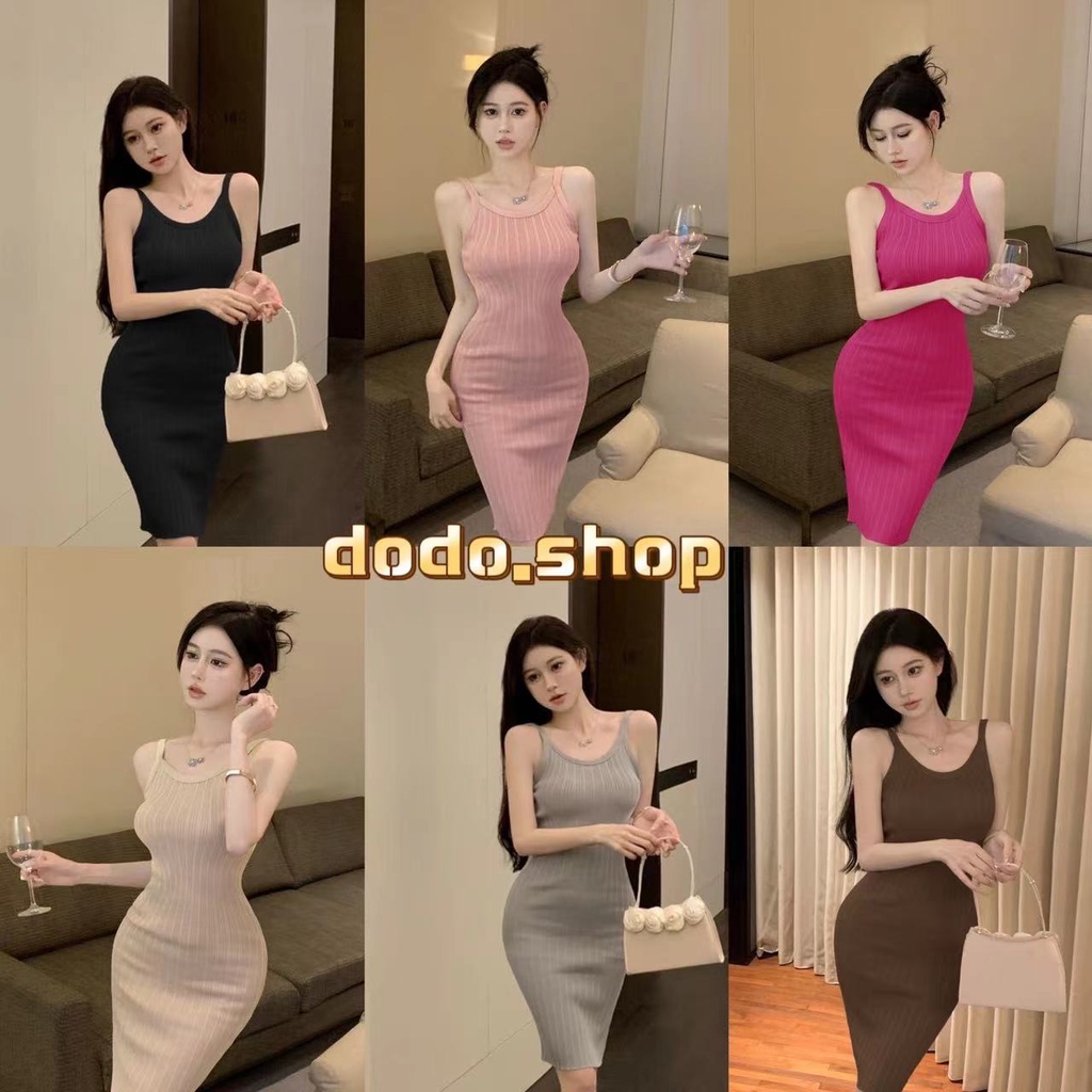 DODO*สินค้าใหม่พร้อมส่ง* มินิเดรสสายเดี่ยว คอวี ผ้าไหมพรมรัดรูป ดูเซ็กซี่ (871)