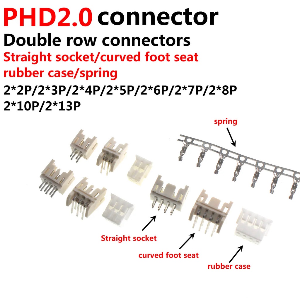 50/20 ชุด PHD 2.0 มม.คู่แถว 2X2/3/4/5/6/7/8/9/10pin PHD2.0 Connector ตรงโค้งเข็มปลั๊กชายหญิง Crimps