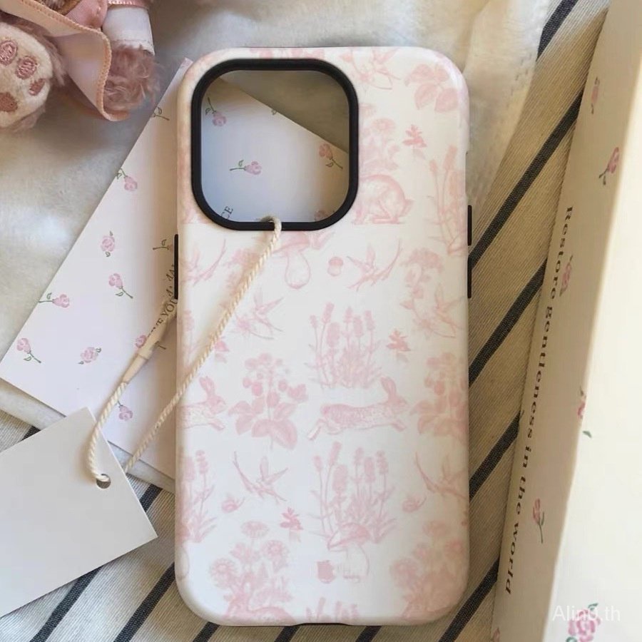 เคสโทรศัพท์มือถือ สองชั้น กันกระแทก ลายดอกไม้ กระต่าย สีชมพู สองชั้น สําหรับ iPhone 7 8 Plus x xs xr