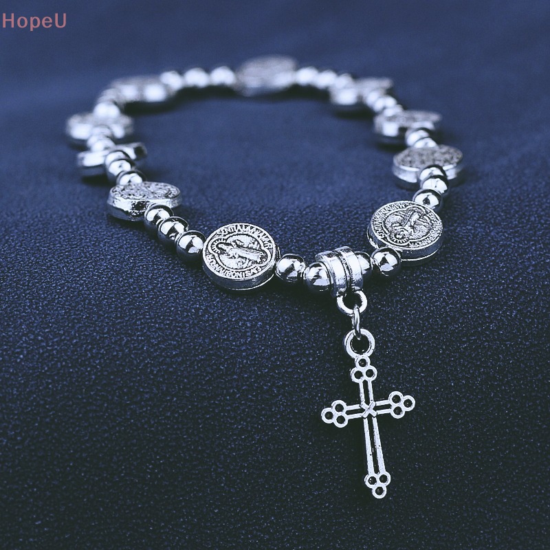 [HopeU] สร้อยข้อมือลูกปัด รูปไม้กางเขนพระเยซู สีเงิน สไตล์เรโทร เครื่องประดับสําหรับของขวัญคริสเตียน