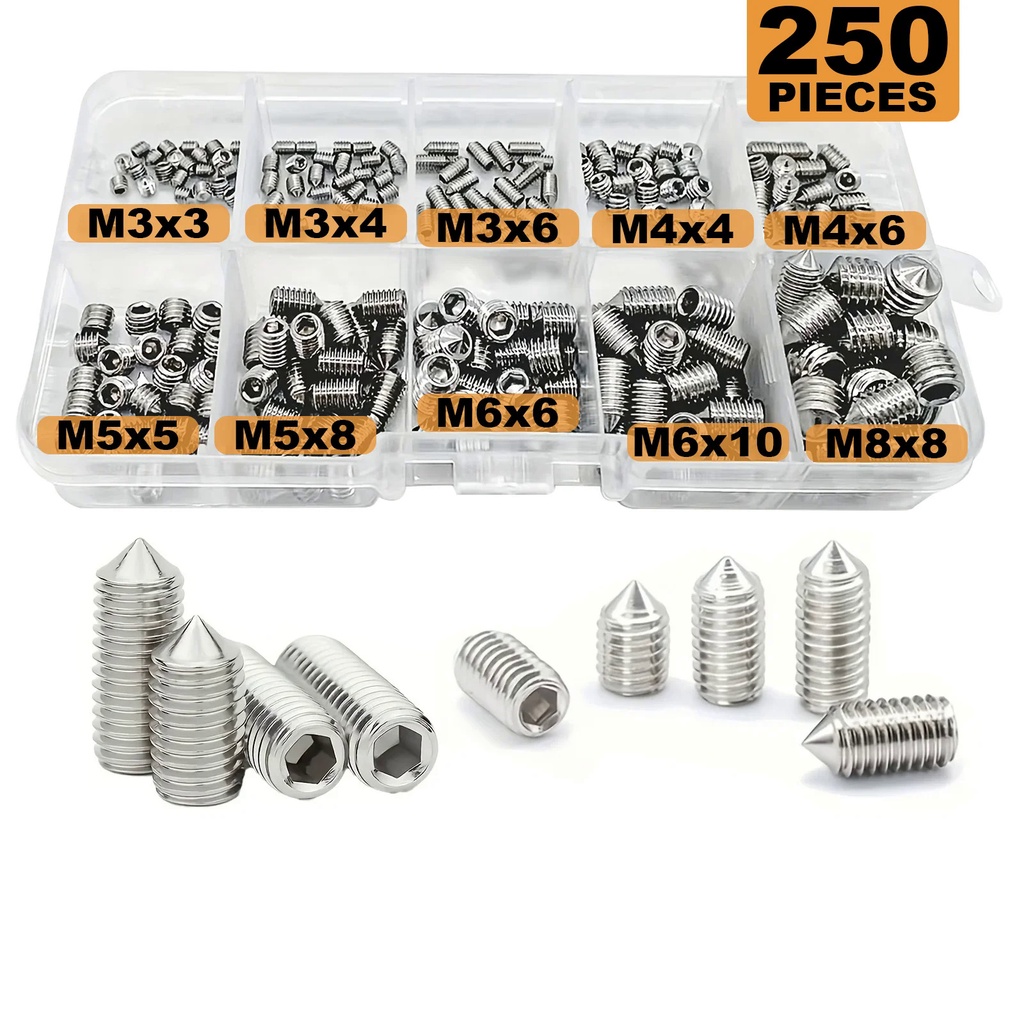 250-piece M3-M8 cone-head flat head screw hexagonal set screw A2 stainless steel DIN914 set