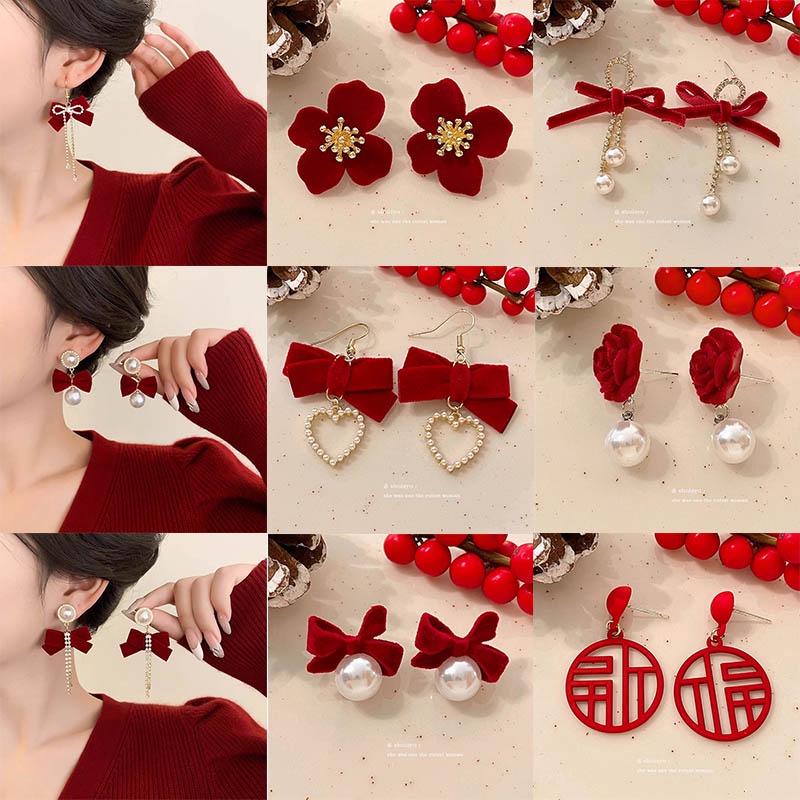 ต่างหูพู่ กํามะหยี่ สีแดง ประดับมุก หรูหรา แฟชั่นสําหรับผู้หญิง