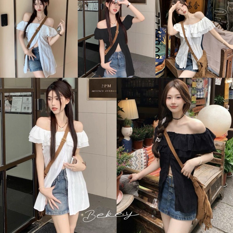 (จัดส่ง L049 จาก กทม.🇹🇭) เสื้อฤดูร้อนของผู้หญิง เสื้อลูกไม้แฟชั่นแขนยาวไหล่เดียว