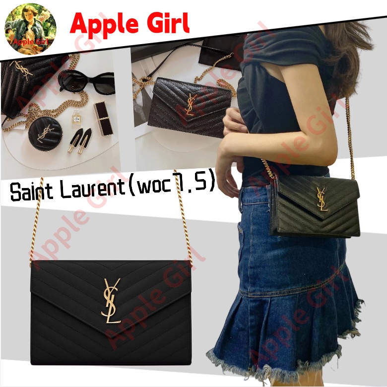 แซงต์โลรองต์ Saint Laurent/โลโก้ตัวอักษรเนื้ออนุภาคนูนกระเป๋าสตางค์หนังโซ่/กระเป๋าสะพาย/ใหม่（woc7.5）