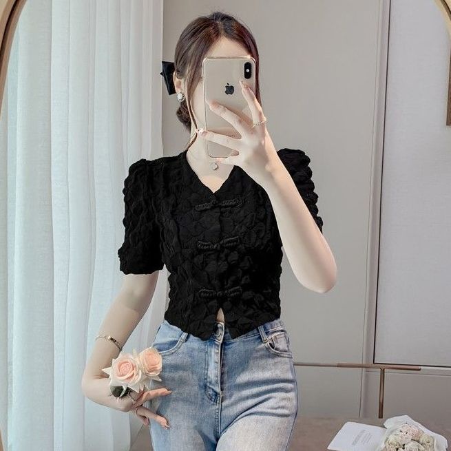 เสื้อเชิ้ตแขนสั้น คอวี แต่งหัวเข็มขัด แฟชั่นฤดูร้อน สําหรับผู้หญิง - รูปที่ 7