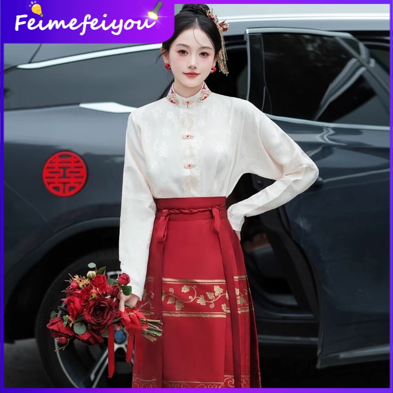 [ภาพถ่ายจริง] เสื้อเชิ้ตคอจีน ปักลาย สไตล์จีนวินเทจ ใหม่ + กระโปรงยาว แบบดั้งเดิม