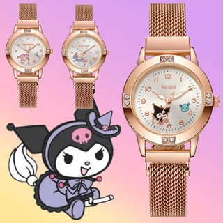นาฬิกาข้อมือ Sanrio Kuromi Melody Cinnamon Hello Kitty สีโรสโกลด์ แบบแม่เหล็ก ดูดซับน้ําได้ สําหรับเด็กนักเรียน ให้เป็นของขวัญ