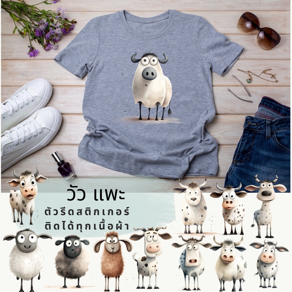 ตัวรีดติดผ้า ตัวรีดติดเสื้อ แบบสติกเกอร์ เซท วัว แพะ พิมพ์ลาย สกรีนลาย ฟิลม์ DFT DTF