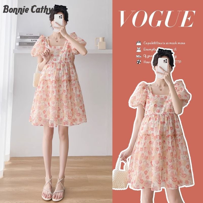 Bonnie Cathy เสื้อผ้าสตรีมีครรภ์ชุดตัวนอกฤดูร้อนแขนฟองกระโปรงลายดอกไม้หวาน