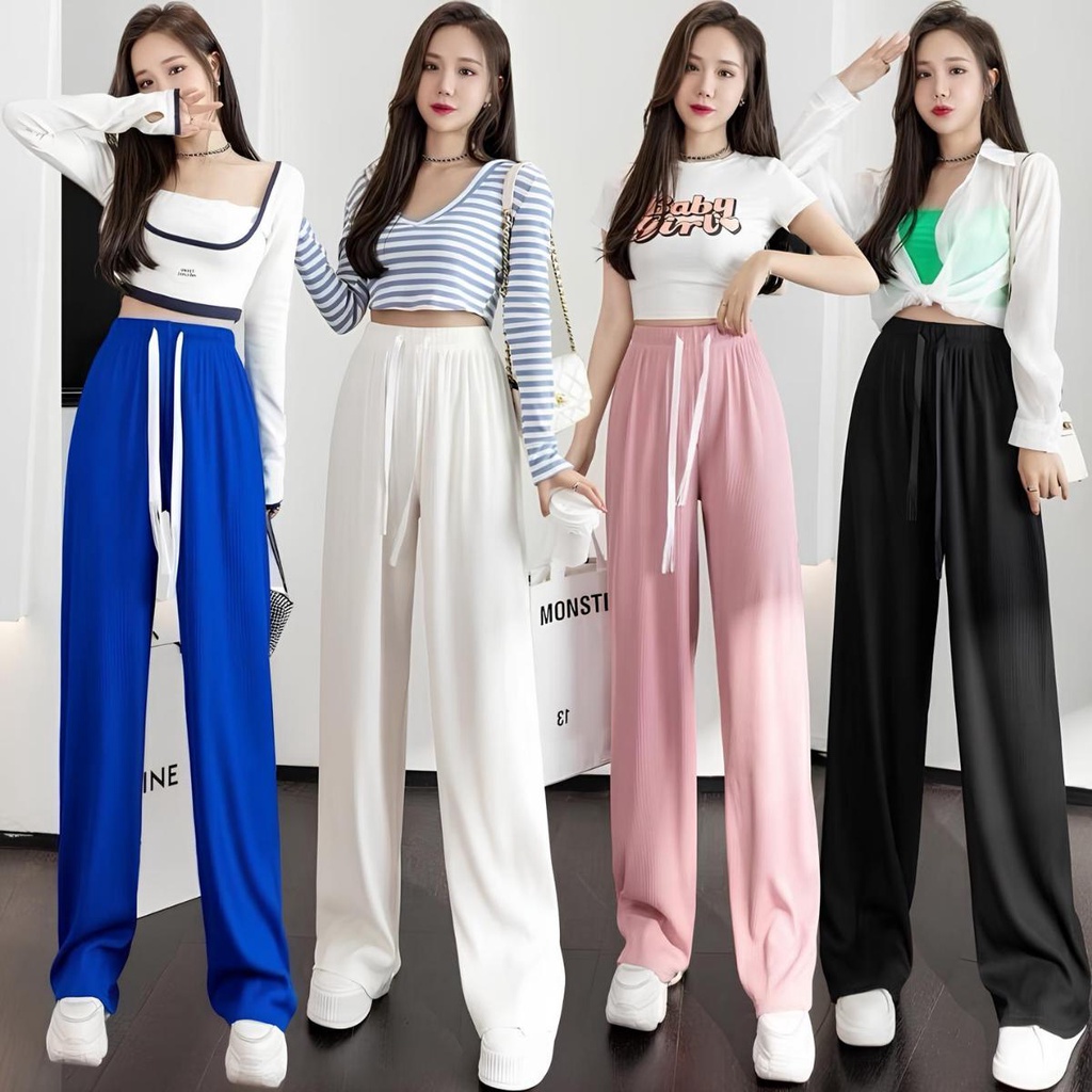 กางเกงขายาวสีพื้น แฟชั่น ผ้าร่องZARA เนื้อผ้านิ่ม เย็น สวมใส่สบาย สาวอวบใส่ได้ Free Size