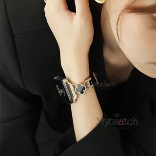 หรูหราสีดําทองชุดสายหนังแท้สําหรับ ฉันดู ชุด พิเศษ iwatch Series 11 10 9 8 7 6 5 SE 5 4 3 2 1แฟชั่นลําลองโซ่โลหะวงสําหรับ ฉันดู 44/46/42/45 มม.41 มม.40 มม.38
