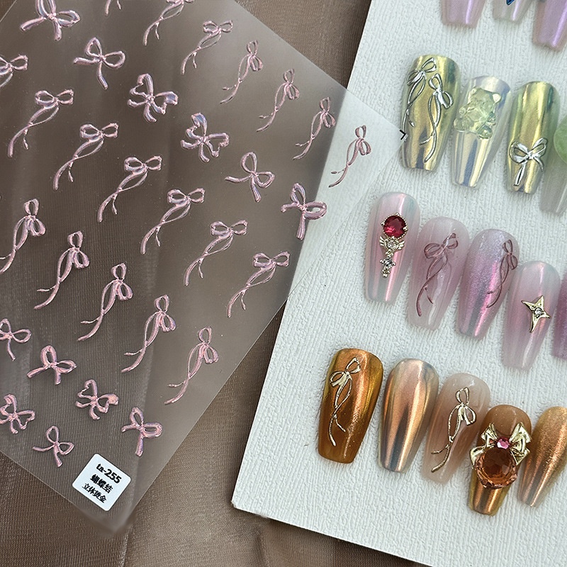 Ur SUGAR สติกเกอร์เลเซอร์ ลายโบว์ 5D สีทอง สีเงิน สีชมพู สําหรับติดตกแต่งเล็บ