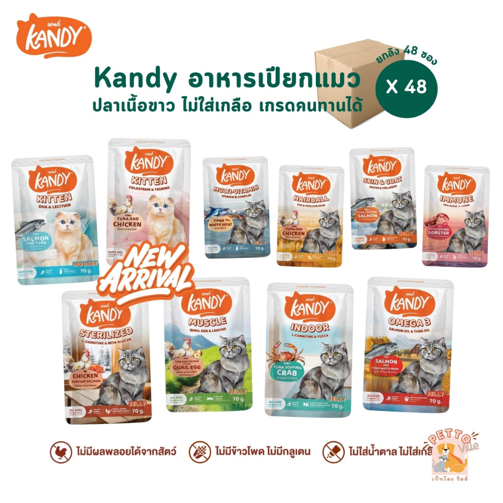 Kandy แคนดี้ [ยกลัง 48 ซอง] อาหารเปียกแมว ไม่ใส่เกลือ ผลิตจากปลาเนื้อขาว ขนาด 70 กรัม