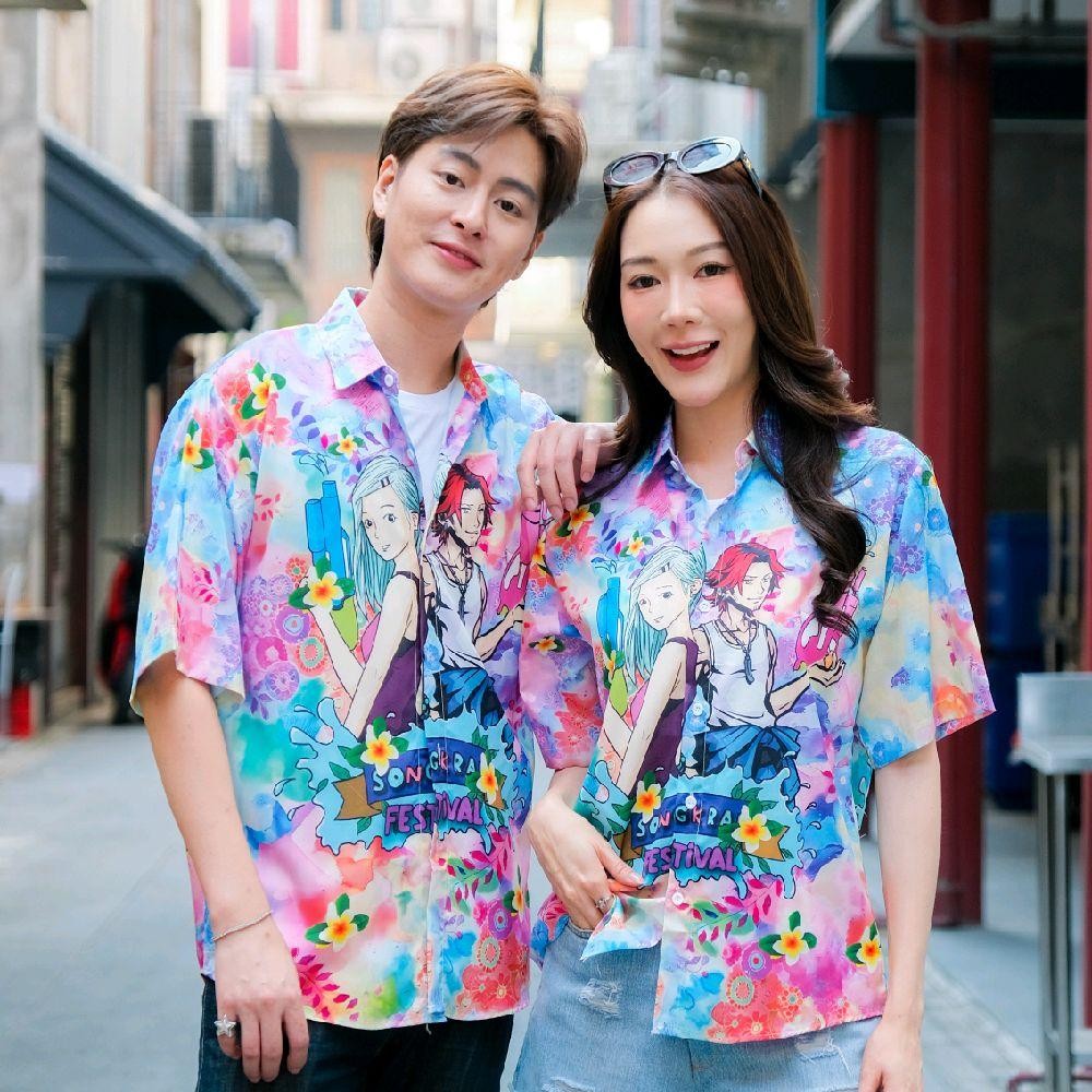 PINK020เสื้อฮาวายลายใหม่2026 Songkran ทรงวัยรุ่น หญิงชายใส่ได้ ผ้าโพลีพรีเมี่ยมไซส์38-56นิ้ว งานปัายKTIERออกแบบเอง*1ตัว* รูปที่ 2