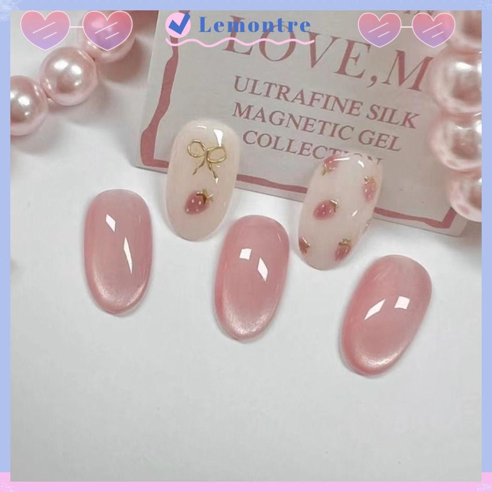 LEMONTRE เล็บปลอม, Cat Eye Oval ปลอม, แต่งเล็บที่ถอดออกได้ French Strawberry Butterfly Nail Tips ผู้