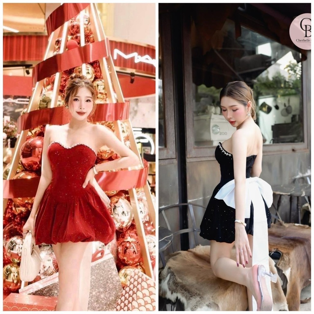 Hiso l (พร้อมส่ง) cherbelle2 เดรสกำมะหยี่กากเพชรเกาะอกแต่งเพชรวิบวับช่วงอก H.closet