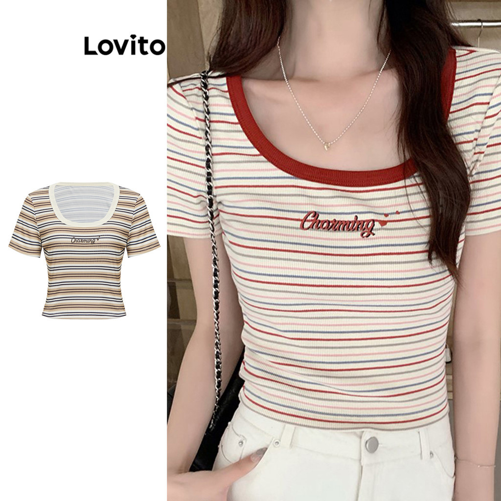 Lovito เสื้อยืดผู้หญิง แต่งขอบสีตัดกัน ลายทาง สไตล์ลำลอง LNE60405(หลากสี)