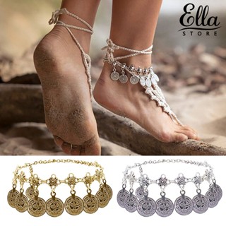 Ellastore123 สร้อยข้อเท้าโลหะ ทรงกลม ฉลุลาย สไตล์โบฮีเมียนวินเทจ เหมาะกับชายหาด กันแพ้ ปรับได้ สําหรับผู้หญิง