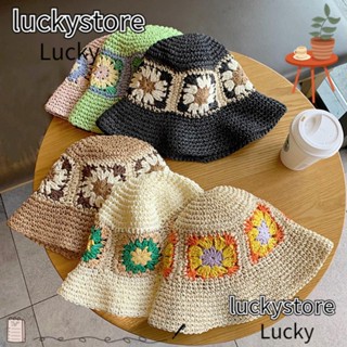 Lucky หมวกฟางถักโครเชต์ สไตล์เกาหลี ชายหาด ฤดูร้อน ชาวประมง