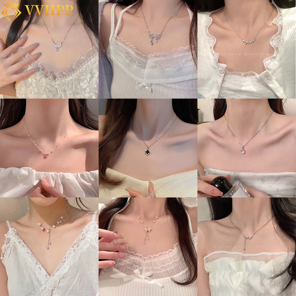 เครื่องประดับ สร้อยคอโชคเกอร์ จี้รูปใบโคลเวอร์ ประดับไข่มุก และคริสตัล แฟชั่นสําหรับผู้หญิง