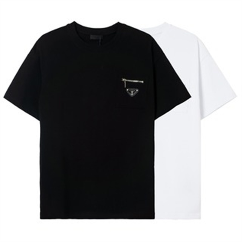 [การเลือกบูติก] []เสื้อยืดแขนสั้นลําลอง คอกลม ผ้าฝ้าย แต่งซิป พิมพ์ลายตัวอักษร Prada แฟชั่นคู่รัก สไตล์คลาสสิก