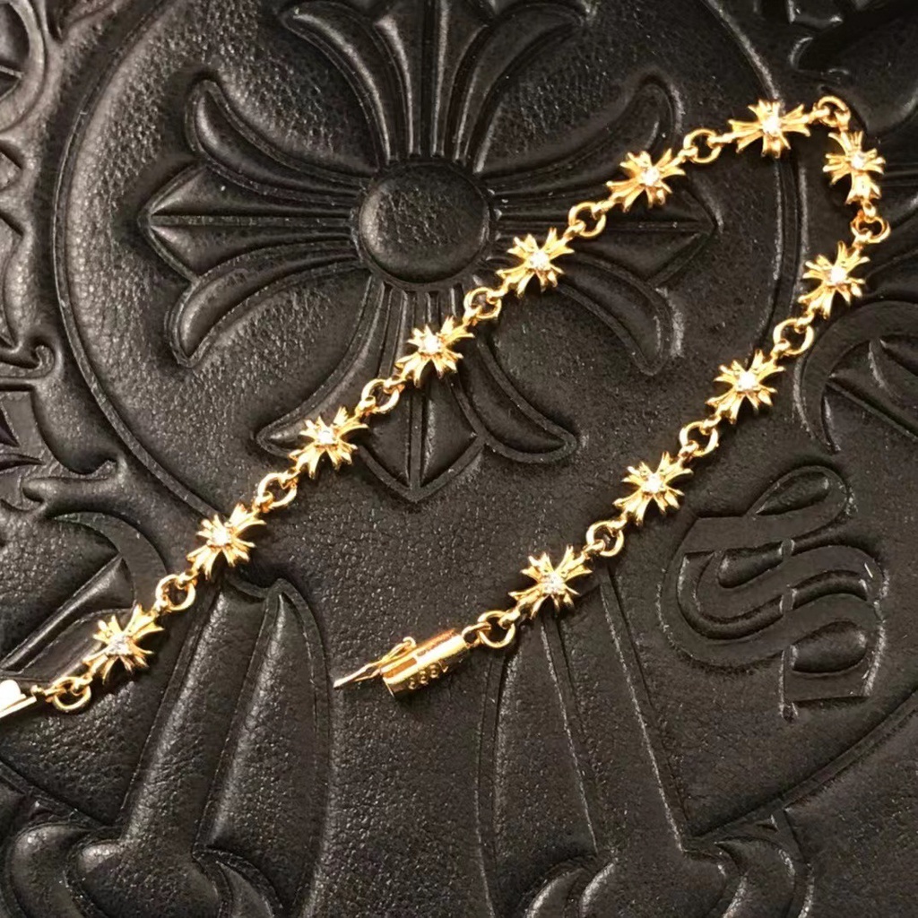 CHROME HEARTS สร้อยข้อมือ ชุบทอง 22K ประดับเพชร ลายดอกไม้ สไตล์พังก์ ยุโรป อเมริกัน เข้ากับทุกชุด สําหรับผู้ชาย และผู้หญิง