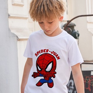 เสื้อยืดแขนสั้น พิมพ์ลายการ์ตูนซุปเปอร์ฮีโร่ Marvel Spiderman แฟชั่นฤดูร้อน สไตล์เกาหลี สําหรับเด็กผู้ชาย