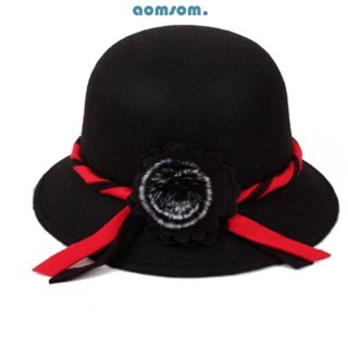 Aomsom หมวกโดม, สีทึบ พร้อมดอกไม้ Fedoras หมวก, หรูหรา ทําด้วยผ้าขนสัตว์ ฤดูใบไม้ร่วง ฤดูหนาว ลําลอง หมวกอ่างล้างหน้า สุภาพสตรี