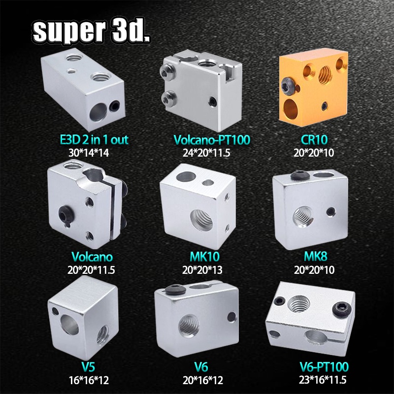 1 pcs 3D Heat Block E3D V5 V6 MK7 MK8 MK2 MK10 Volcano PT100 CR10 2 IN 1 OUT  Aluminum/Brass For Hot