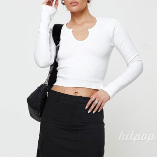 Hitpop- เสื้อครอปท็อปลําลอง แขนยาว เข้ารูป สีพื้น สําหรับผู้หญิง